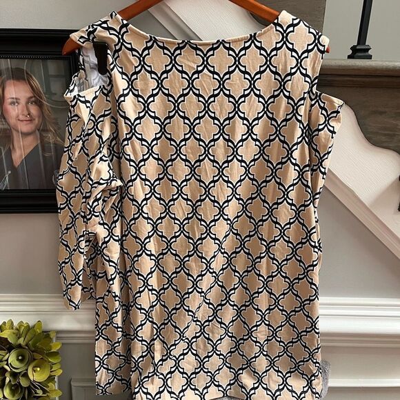 Susan Graver Tan & Black Print Cold Shoulder Tunic Top sz XL NWOT - Picture 3 of 6